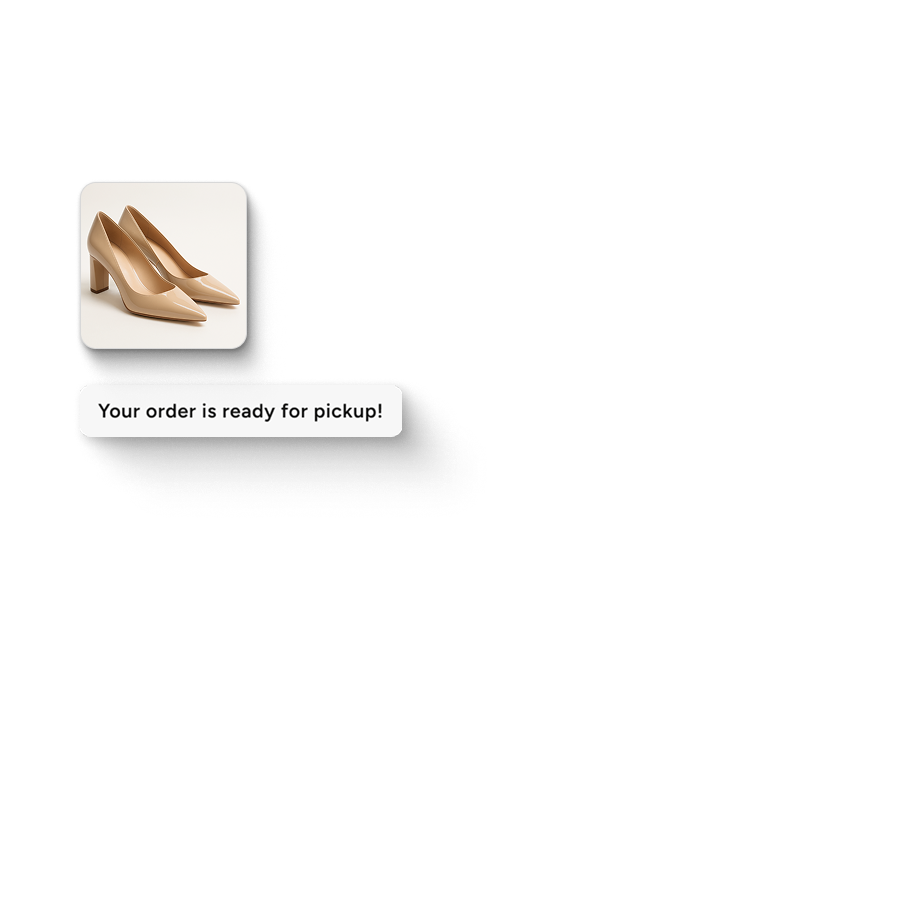 Product photo of shoes an an alert that says "your order is ready for pickup!"